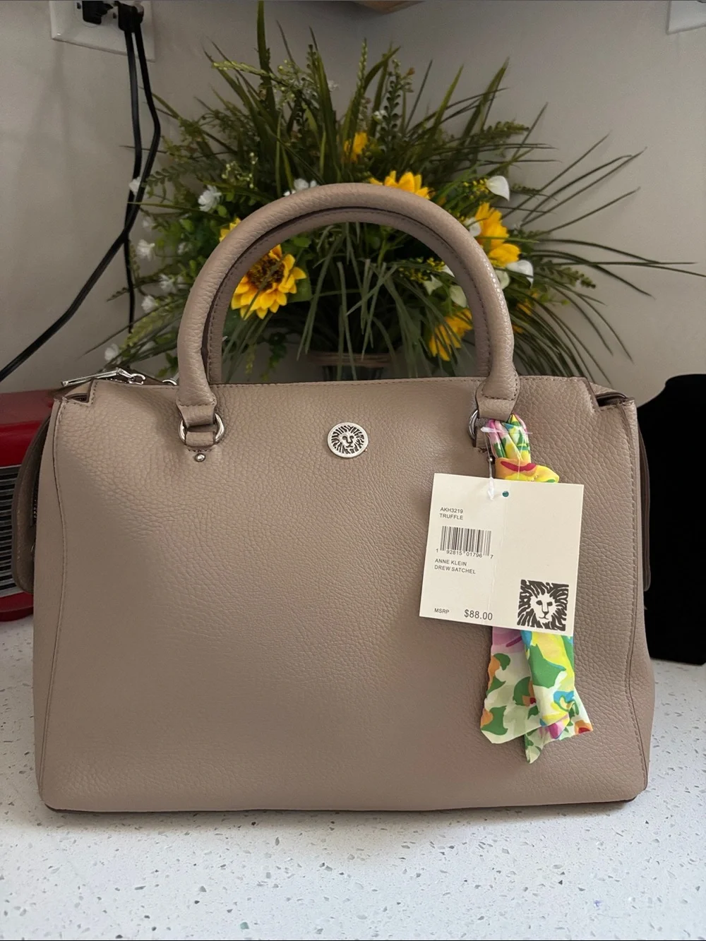 Anne Klein Truffle Color Pebbled  Satchel with Floral Scarf Accent
